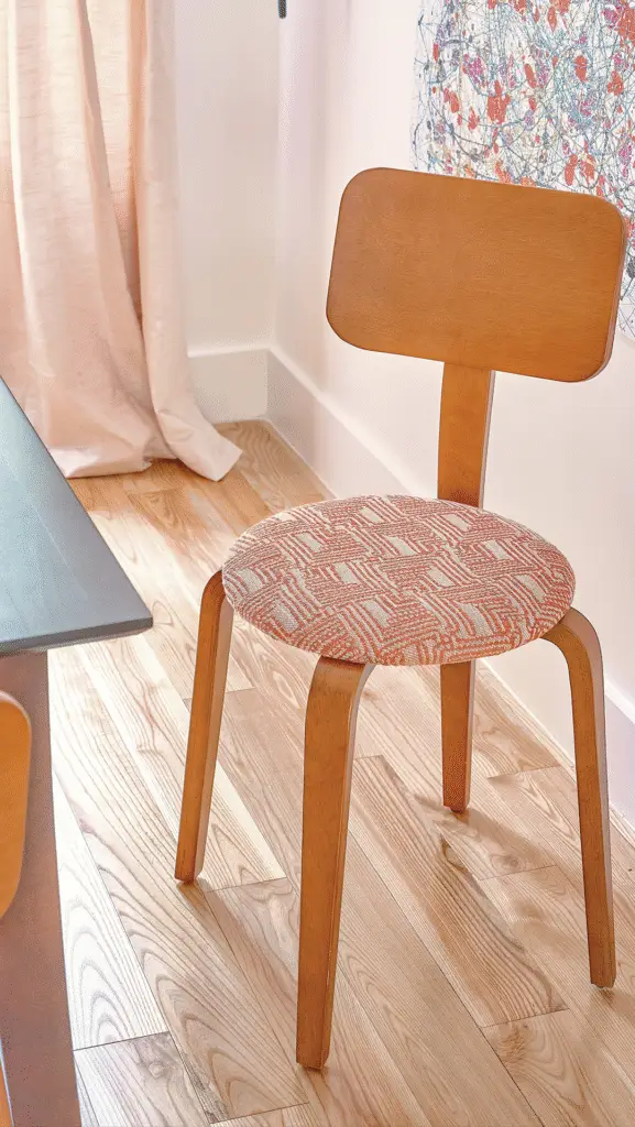 Interior design image of Tenlie Mourning's design showing a wooden chair with red upholstery