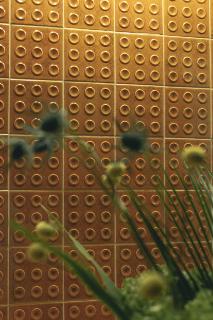 Close-up of textured ochre ceramic tile with circular pattern and greenery. Interior Design by Tenlie Mourning
